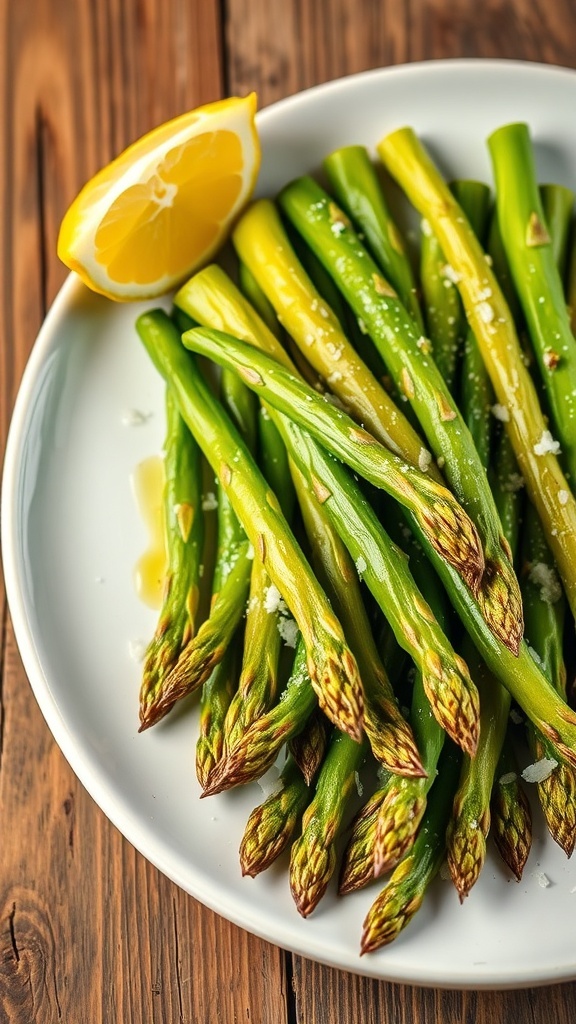 Easy Air Fryer Asparagus Recipe Air-fried asparagus spears garnished with lemon on a rustic table.